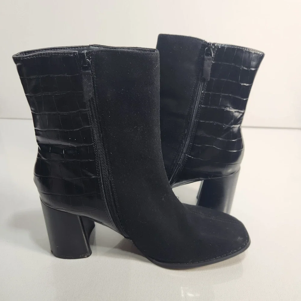 Diba Womens Booties Mix Suede Faux Leather Size 8.5 Black Block Heel